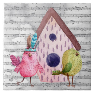Whimsique Watercolor Birds and Music Kakelplatta