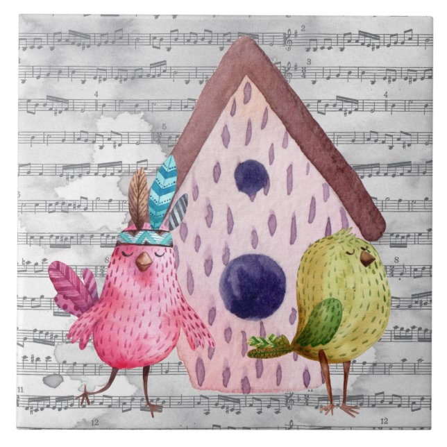 Whimsique Watercolor Birds and Music Kakelplatta (Framsidan)