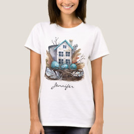 Whimsique Watercolor Birds Nest Fairytale House T Shirt