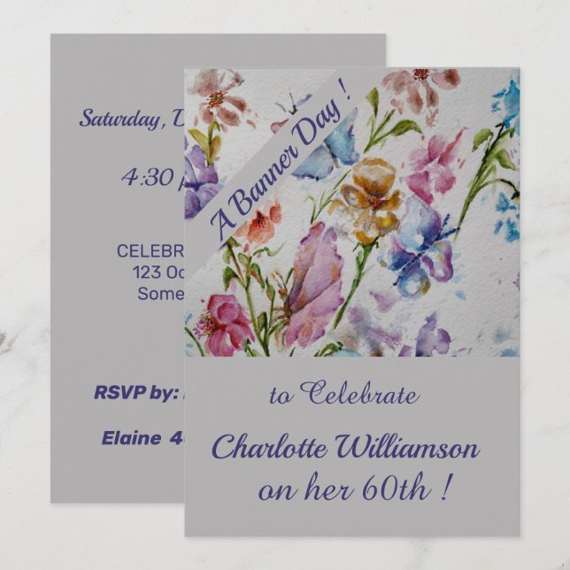 Whimsique Watercolor Blommigt Birthday Inbjudningar (Fram/baksida)