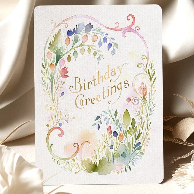 Whimsique Watercolor Blommigt Guld Birthday Card Inbjudningar (Skapare uppladdad)