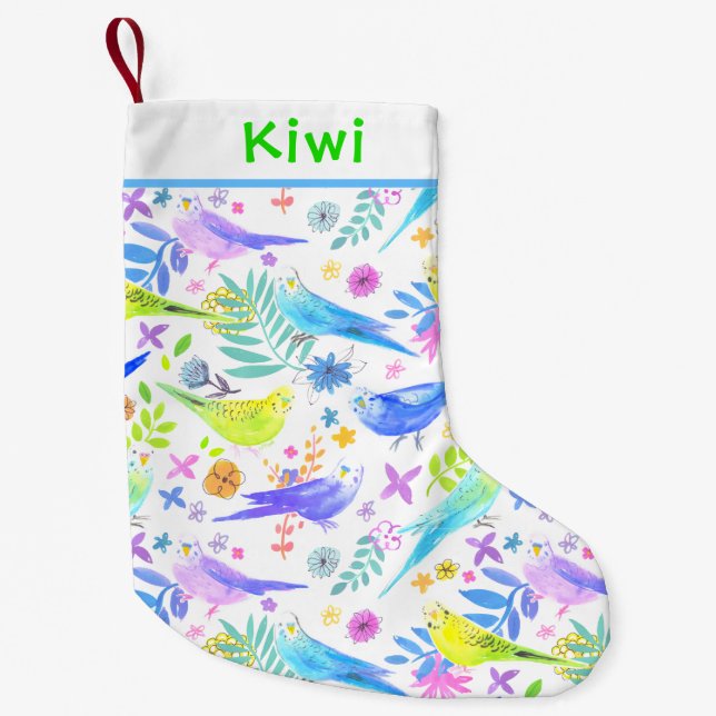 Whimsique Watercolor Budgie Parakeets Liten Julstrumpa (Framsidan)