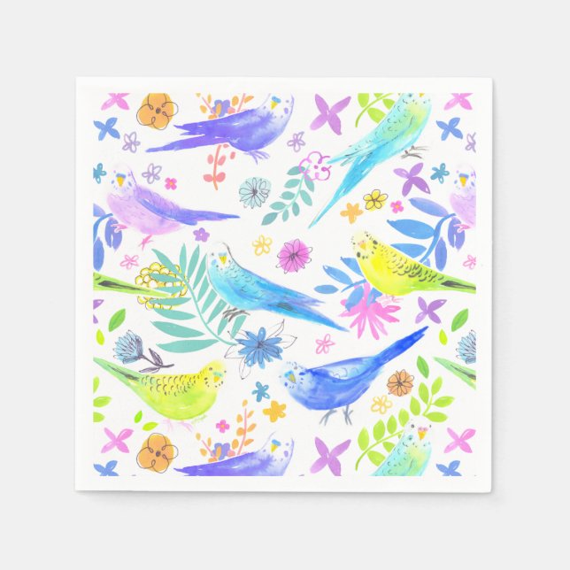 Whimsique Watercolor Budgie Parakeets Pappersservett (Framsidan)