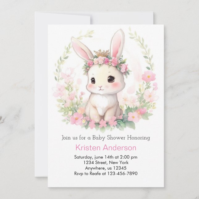 Whimsique Watercolor Bunny Girl Baby Shower Inbjudningar (Framsida)