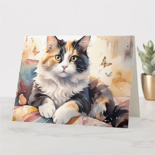Whimsique Watercolor Calico Cat Greeting Card Kort
