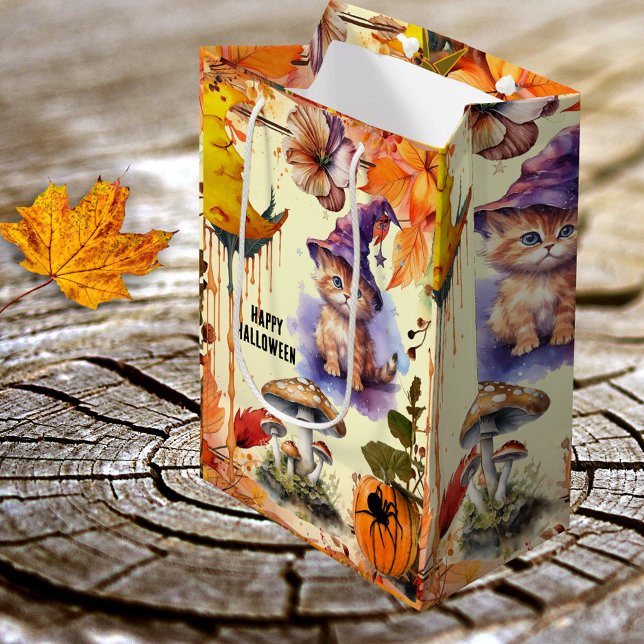 Whimsique Watercolor Cat Witch Halloween Gift Bag (Cute gift bag featuring a kitty dressed up as Halloween witch, surrounded by a colorful design)