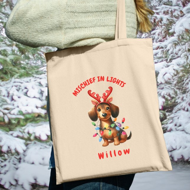 Whimsique Watercolor Dachsund Festive Ljus Hund Tygkasse (Carry festive cheer with this custom fun Dachshund dog tote bag. A perfect gift for dog lovers.)