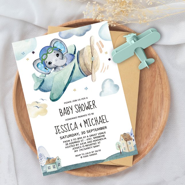 Whimsique Watercolor Elephant Airplane Baby Shower Inbjudningar (Skapare uppladdad)