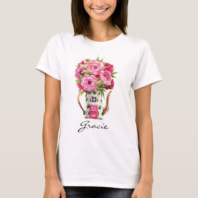Whimsique Watercolor Fairytale Tekanna House T Shirt (Framsida)