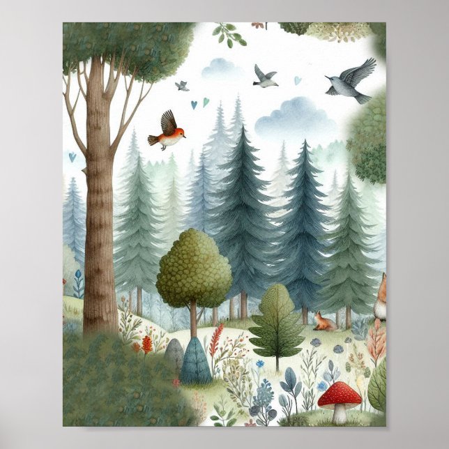 Whimsique Watercolor Forest Animal Kids Nursery Poster (Framsidan)