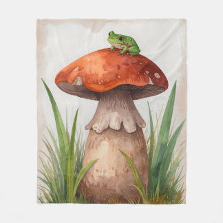 Whimsique Watercolor Frog på en svamp Fleecefilt