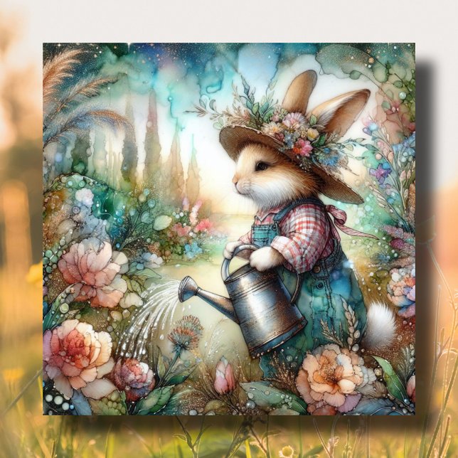 Whimsique Watercolor Gardener Rabbit Påsk Julkort (Skapare uppladdad)