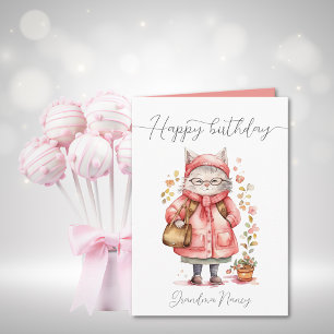 Whimsique Watercolor Grandma Cat Grattis på födels Kort