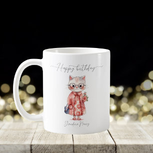Whimsique Watercolor Granny Cat Grattis på födelse Kaffemugg