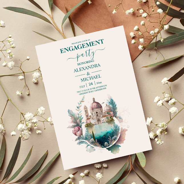 Whimsique Watercolor Italy Desitnation Engagemen Inbjudningar (Skapare uppladdad)