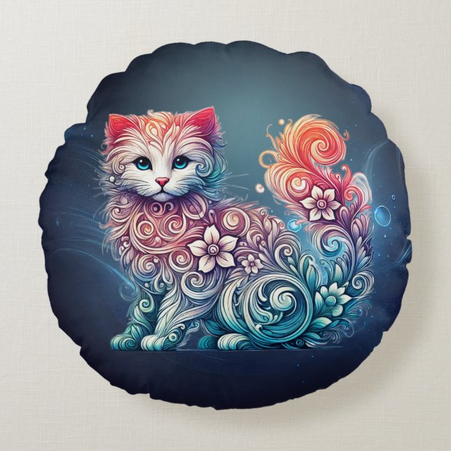 Whimsique Watercolor Kitten Pillow Rund Kudde (Framsidan)