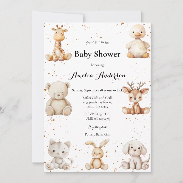 Whimsique Watercolor Plush Animals Baby Shower Inbjudningar (Framsida)