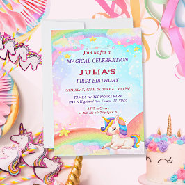 Whimsique Watercolor Rainbow Unicorn Birthday Inbjudningar