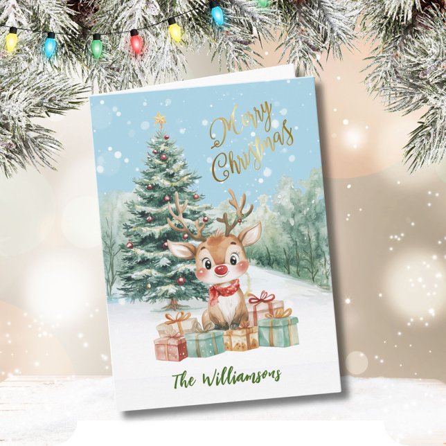 Whimsique Watercolor Reindeer Julgran Kort (Skapare uppladdad)