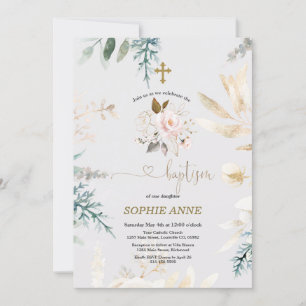Whimsique Watercolor Rosa Blommigt Guld Baptism Inbjudningar