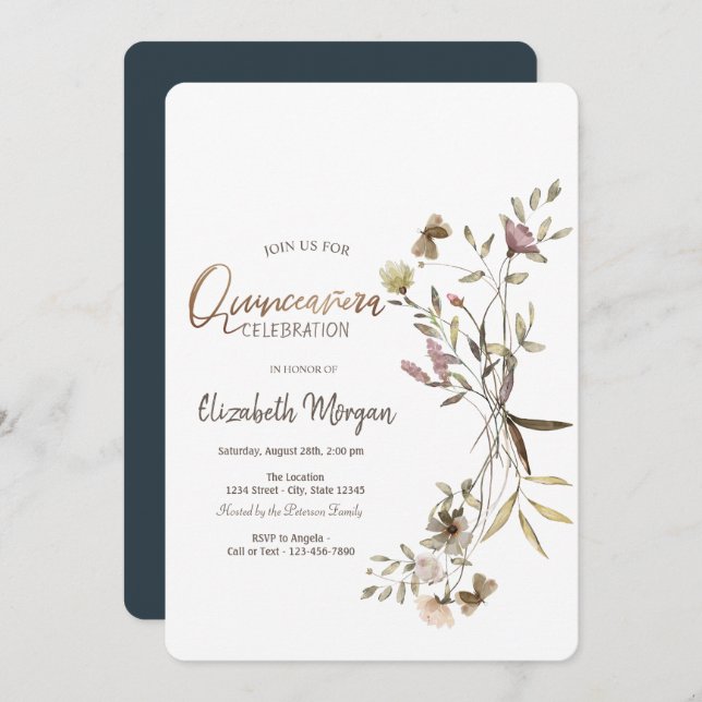 Whimsique Watercolor Wildblomma Quinceañera Inbjudningar (Fram/baksida)