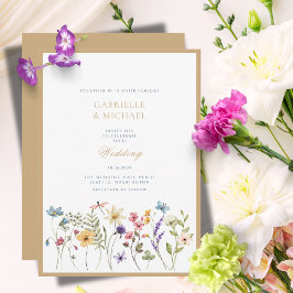 Whimsique Watercolor Wildblommor Guld Bröllop Inbjudningar