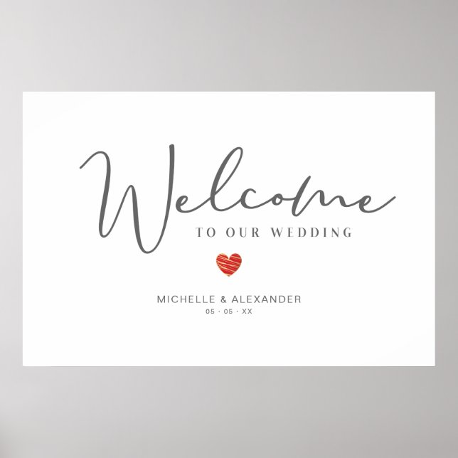 Whimsique Welcome Guests Bröllop Red Heart Sign Poster (Framsidan)