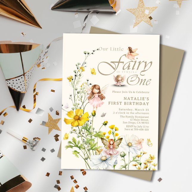 Whimsique Wildblomme Magic Fairy First Birthday Inbjudningar (Whimsical Wildflower Magical Fairy First Birthday Invitation)