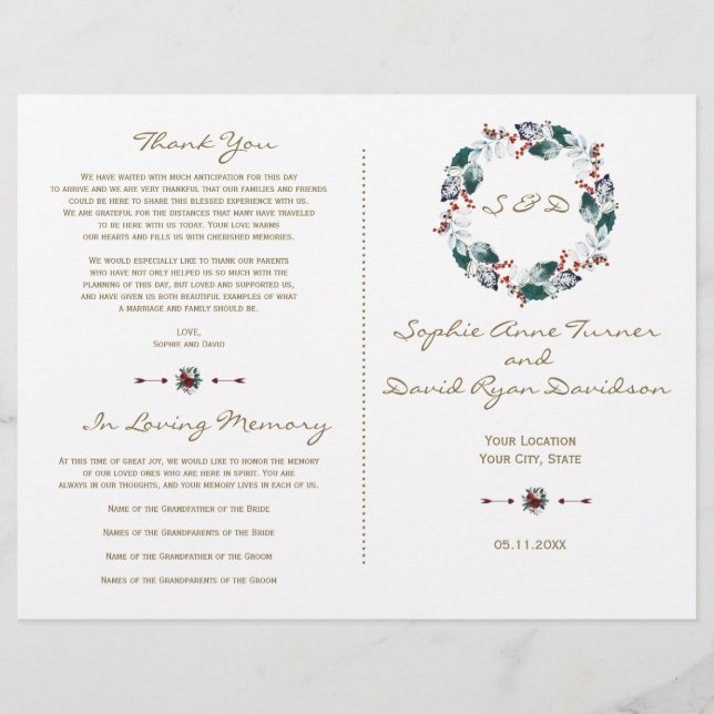 Whimsique Winter Berries Wandeans Bröllopsprogram (Framsida)