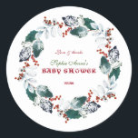 Whimsique Winter Heliga Berries and and Baby Showe Runt Klistermärke<br><div class="desc">Unik utformning av vinterfyrkantskort med vackra vattenfärgsbär och snowy löv-andedräkt,  pilar med hjärtan som delare,  allt på vit bakgrund. Använda Anpassa verktyg om du vill lägga till din information. Om du vill ha matchande artiklar kan du besöka min Whimsical Winter Wandeans Collection</div>