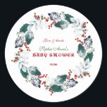 Whimsique Winter Heliga Berries and and Baby Showe Runt Klistermärke<br><div class="desc">Unik utformning av vinterfyrkantskort med vackra vattenfärgsbär och snowy löv-andedräkt,  pilar med hjärtan som delare,  allt på vit bakgrund. Använda Anpassa verktyg om du vill lägga till din information. Om du vill ha matchande artiklar kan du besöka min Whimsical Winter Wandeans Collection</div>
