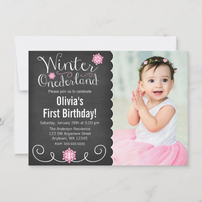 Whimsique Winter Onederland Photo First Birthday Inbjudningar (Framsida)