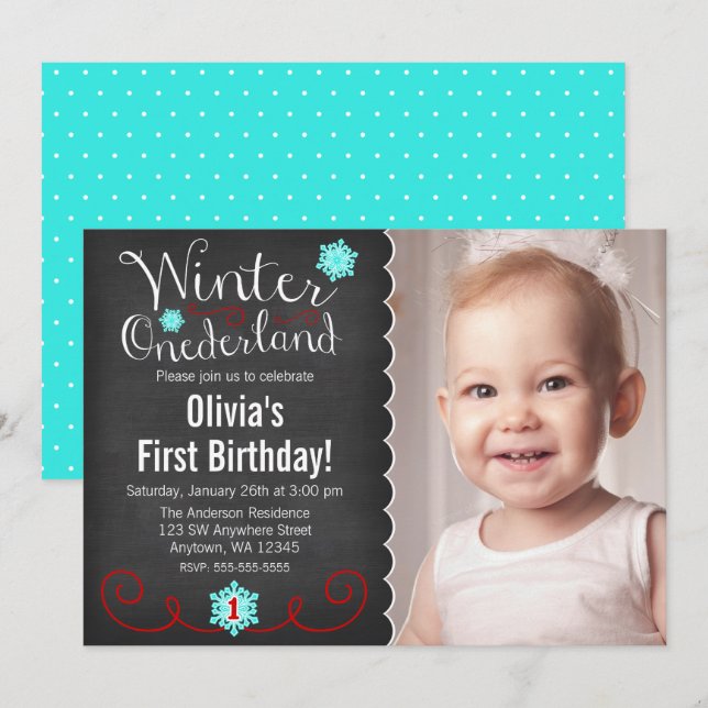Whimsique Winter Onederland Photo Red Birthday Inbjudningar (Fram/baksida)