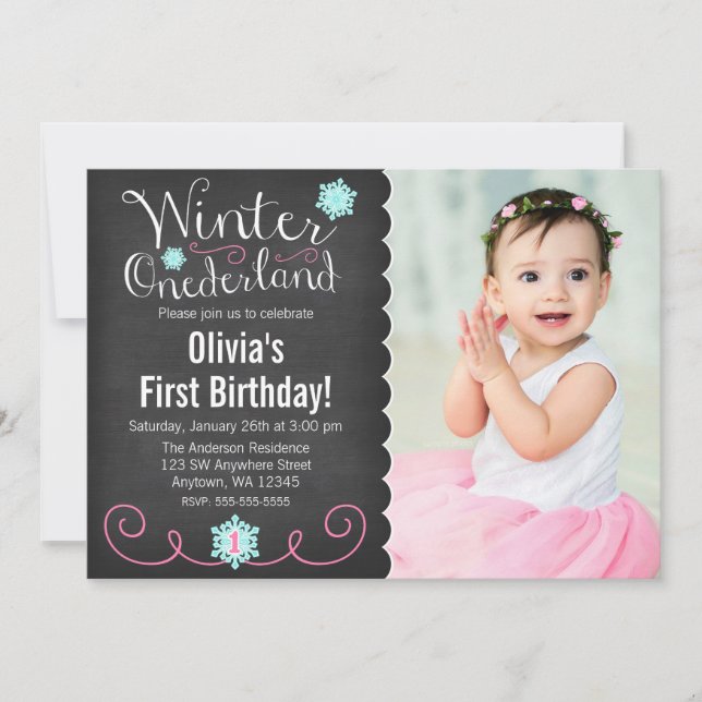 Whimsique Winter Onederland Photo Teal Birthday Inbjudningar (Framsida)