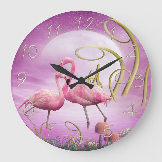 Whimsique Wonderland Rosa Flamingos Clock Stor Klocka (Framsida)