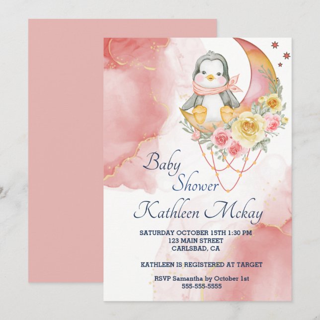 Whimsique Wonderland Rosa Penguin Babyduschflicka Inbjudningar (Fram/baksida)
