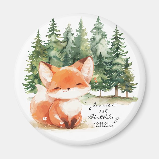Whimsique Woodland Baby Fox 1:a födelsedag Magnet (Framsidan)