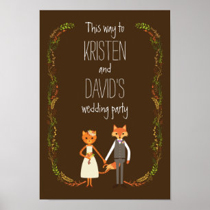 Whimsique Woodland Cat & Fox Couple Bröllop Sign Poster
