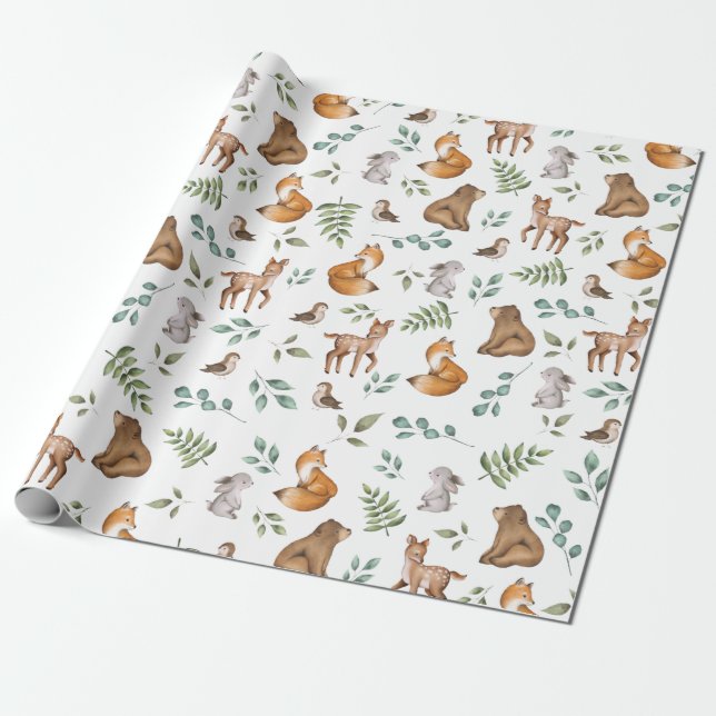 Whimsique Woodland Forest Animals Greenery Mönster Presentpapper (Utrullad)
