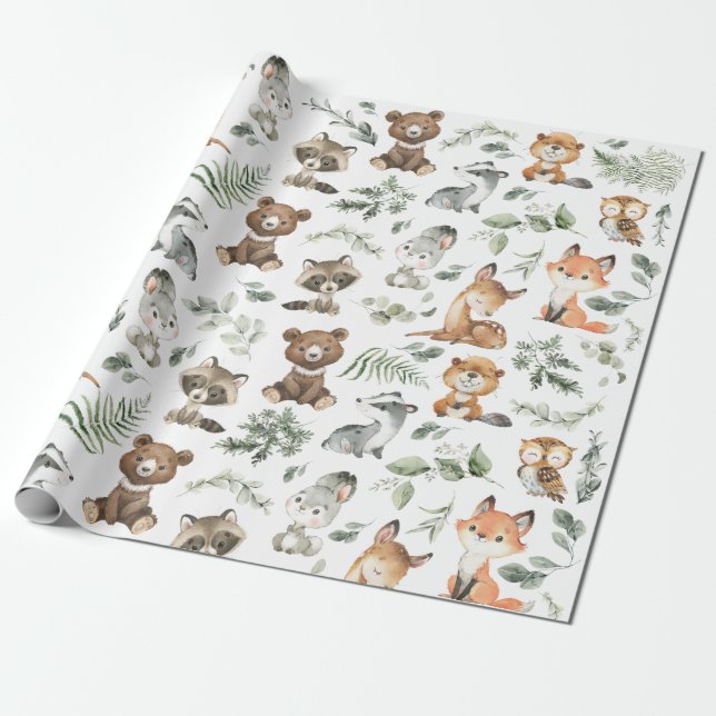 Whimsique Woodland Forest Animals Sage Greenery Presentpapper (Utrullad)