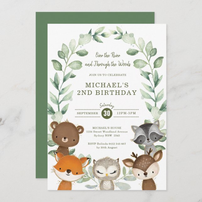 Whimsique Woodland Forest Friend Greenery Birthday Inbjudningar (Fram/baksida)
