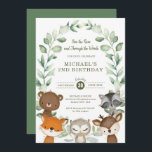 Whimsique Woodland Forest Friend Greenery Birthday Inbjudningar<br><div class="desc">Admatematisk inbjudan till skogsäsong med söta skogsdjur och elegant botaniska krans av grönt.</div>