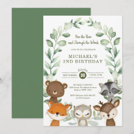 Whimsique Woodland Forest Friend Greenery Birthday Inbjudningar