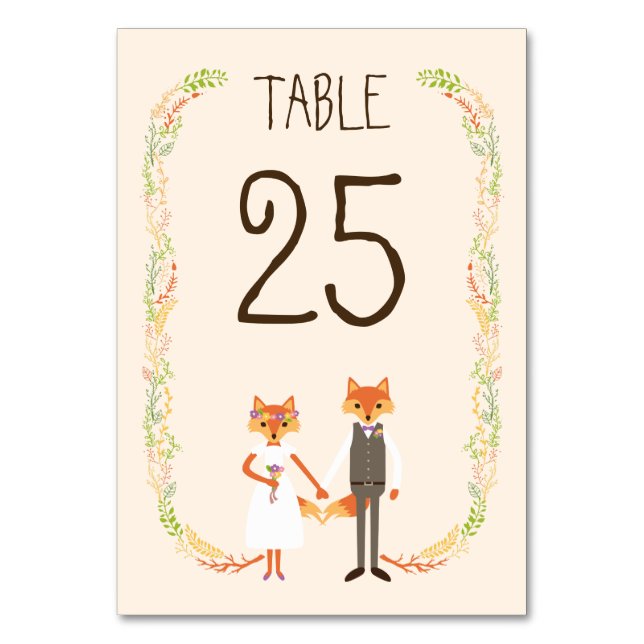 Whimsique Woodland Foxes Ivory Bröllop Bord Card Bordsnummer (Framsidan)