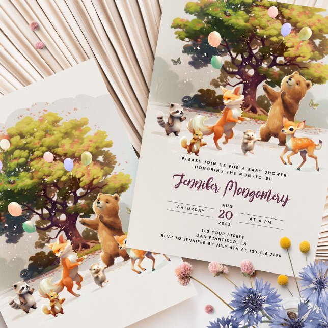 Whimsique Woodland Friends Watercolor Baby Shower Inbjudningar (Skapare uppladdad)