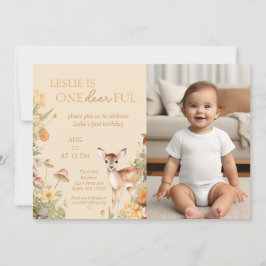 Whimsique Woodland Hjort First Birthday Photo Inbjudningar