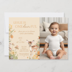 Whimsique Woodland Hjort First Birthday Photo Inbjudningar