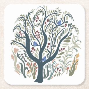Whimsiques Folk Art Forest Earth Tones Underlägg Papper Kvadrat