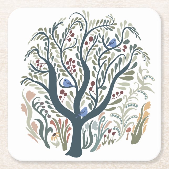 Whimsiques Folk Art Forest Earth Tones Underlägg Papper Kvadrat (Framsidan)