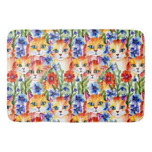 Whimsiques Folk Art Watercolor Flowers and Cats Badrumsmatta